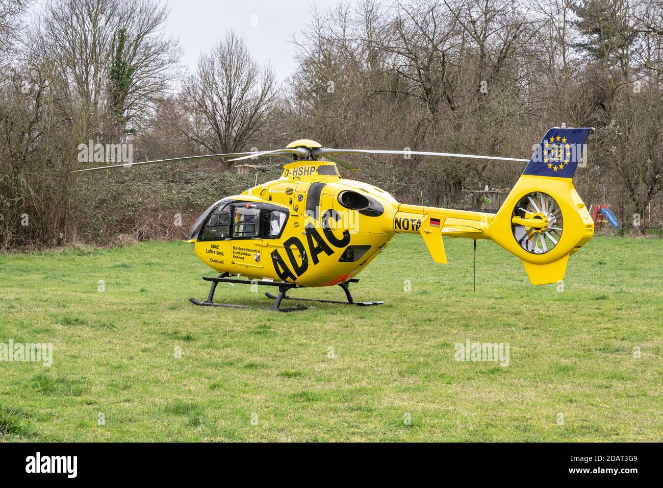 Koblenz Germany 01.03.2020 Waiting ADAC rescue ambulance helicopter name Christoph D-HSHP on green gras Airbus factory Rhineland-Palatinate Stock Photo