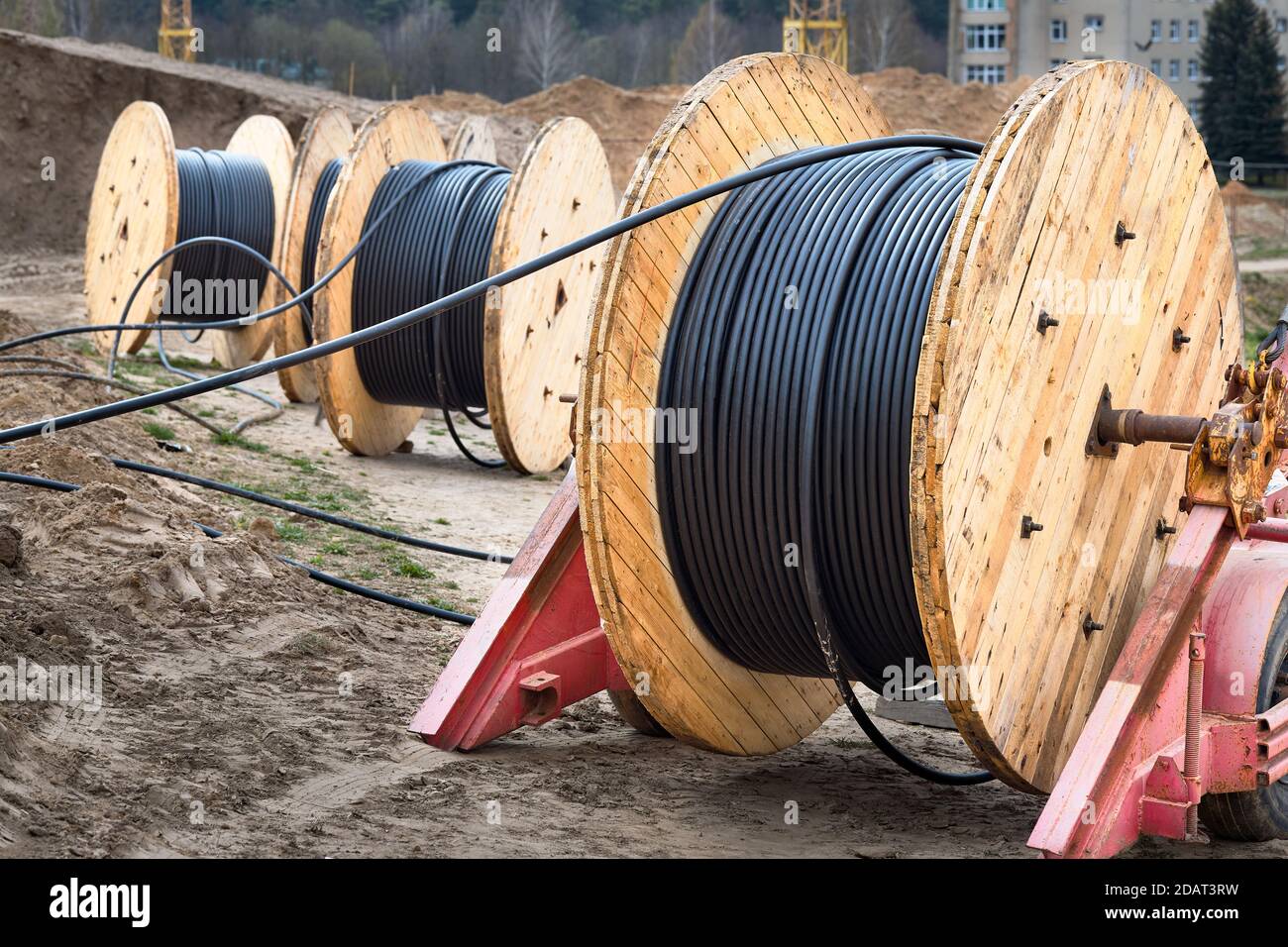 Concept of electricity supply for construction projects. Three wooden