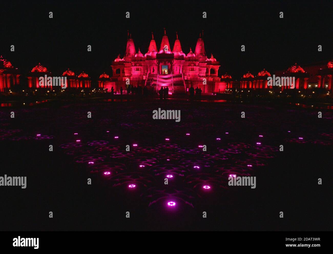 Chino Hills, United States. 15th Nov, 2020. The BAPS Swaminarayan Mandir, a large Hindu Temple is illuminated to mark Diwali, the festival of lights celebrated by a billion people worldwide in Chino Hills, California on Saturday, November 14, 2020. Diwali, the Indian festival of light celebrates the defeat of ignorance through knowledge. Vice president-elect Kamala Harris, set to be the first South Asian American VP tweeted out wishes for a Happy Diwali. Photo by Jim Ruymen/UPI Credit: UPI/Alamy Live News Stock Photo