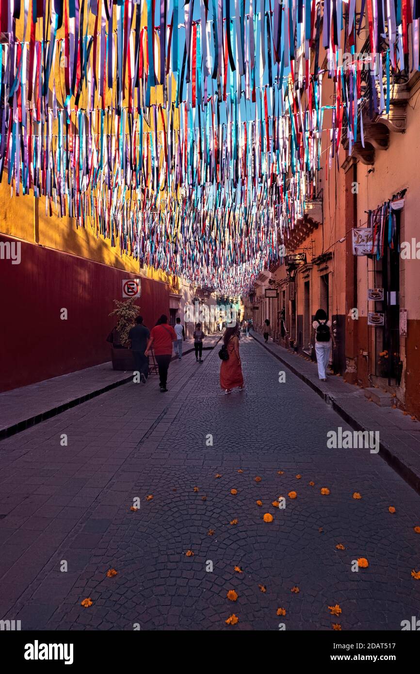 Colorful alleyway during Day of the Dead celebration in UNESCO World Heritage Guanajuato, Mexico Stock Photo