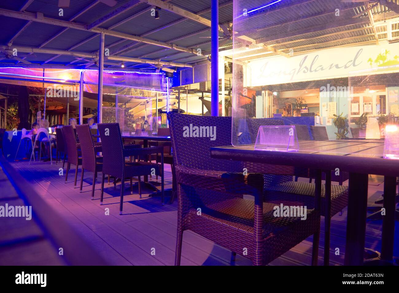 Lantau Island, Hong Kong - 5 Nov 2020: Inner view of western restaurant with blue neon light setting Stock Photo