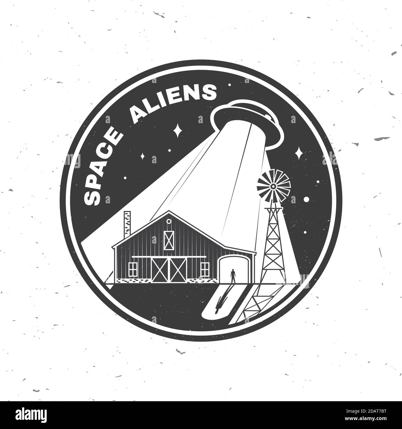 Space Aliens. Humans are not alone. Vector illustration. Concept for shirt, print, stamp, overlay or template. Vintage typography design with ufo flying spaceship and farm silhouette. Stock Vector