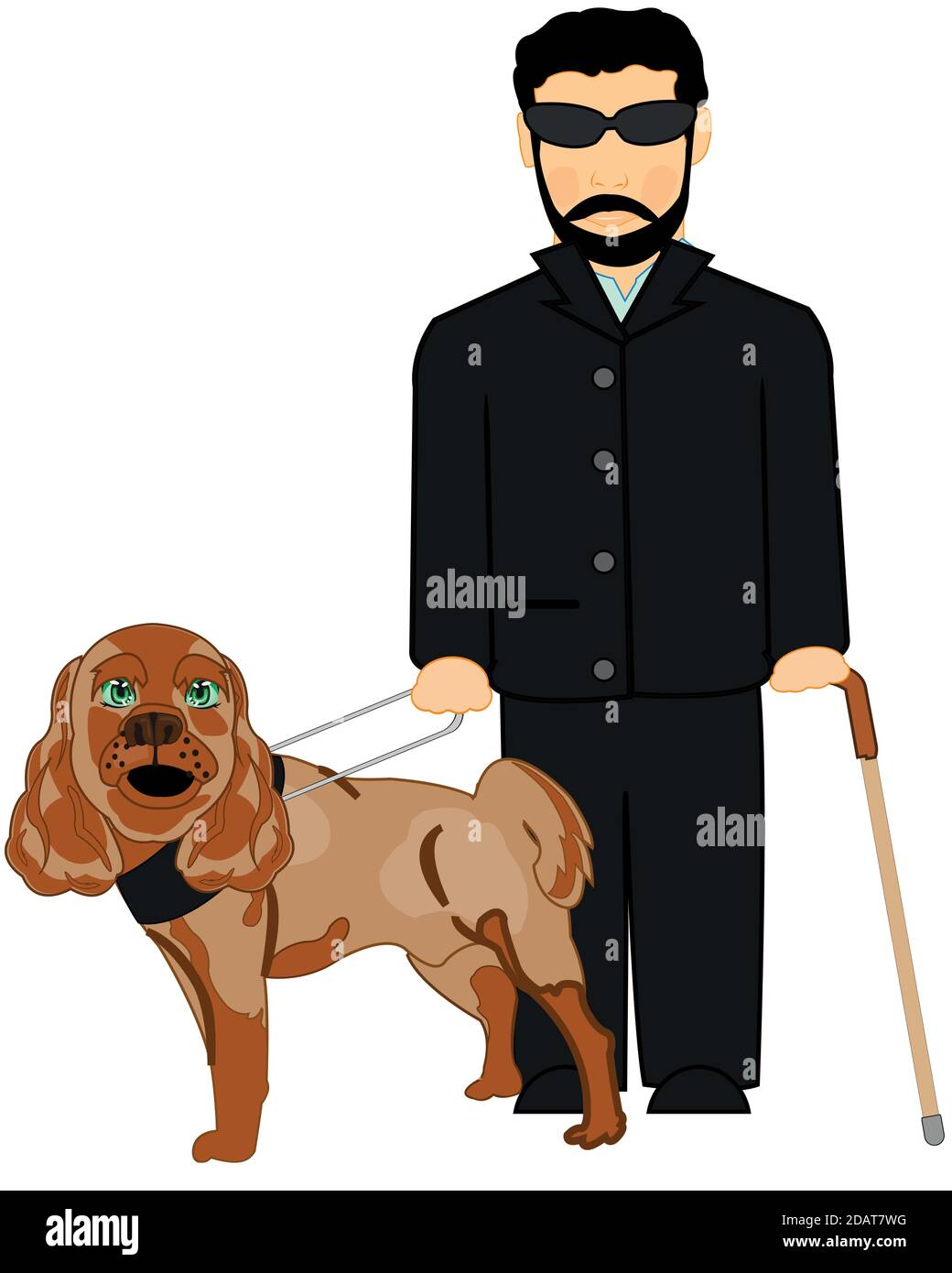 Blind man with dog by guide and walking stick on white background is insulated Stock Vector