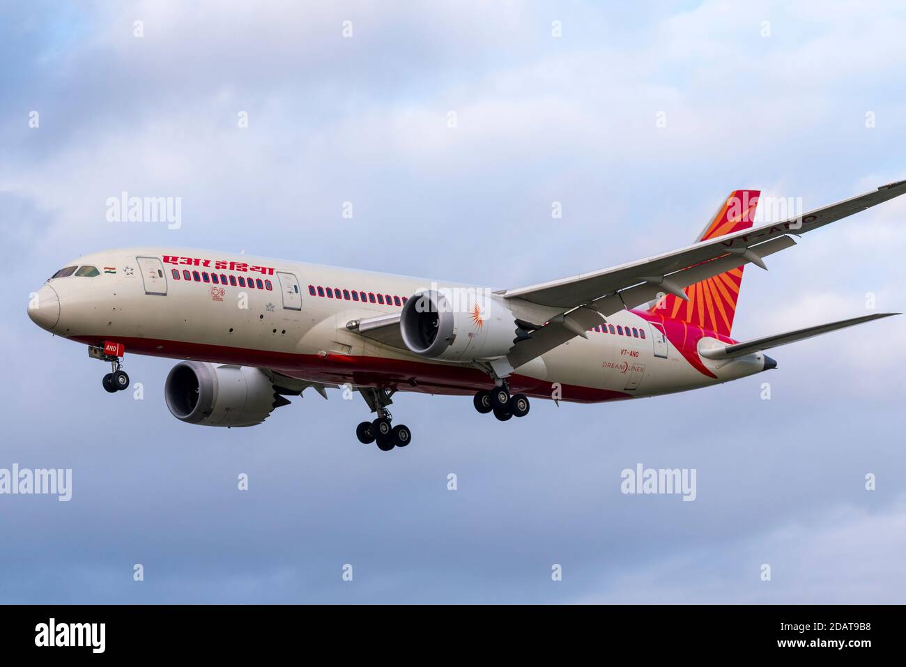 Air India Boeing 787 Dreamliner jet airliner plane VT-ANO on approach to land at London Heathrow Airport, UK, during COVID 19 lockdown. Indian carrier Stock Photo