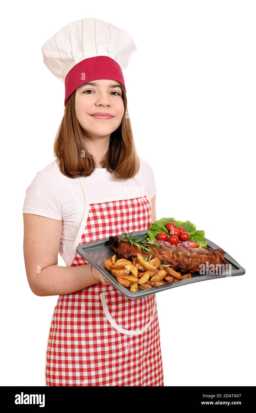 female cook with pork ribs at plate Stock Photo