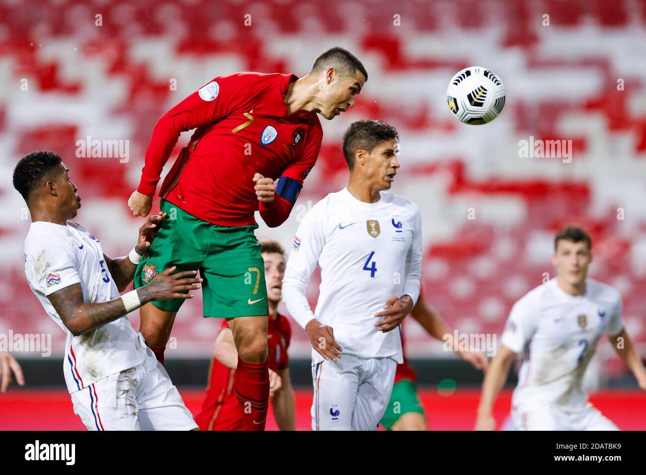 (201115) -- LISBON, Nov. 15, 2020 (Xinhua) -- Portugal's Cristiano Ronaldo (Top) heads for the ball to shoot during their UEFA Nations League football match in Lisbon, Portugal, Nov. 14, 2020. (Photo by Diogo Pinto/Xinhua) Stock Photo