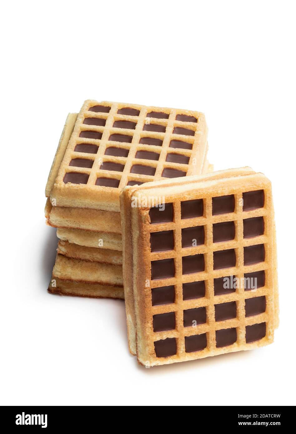 Stack of toasting waffles with chocolate isolated on white Stock Photo