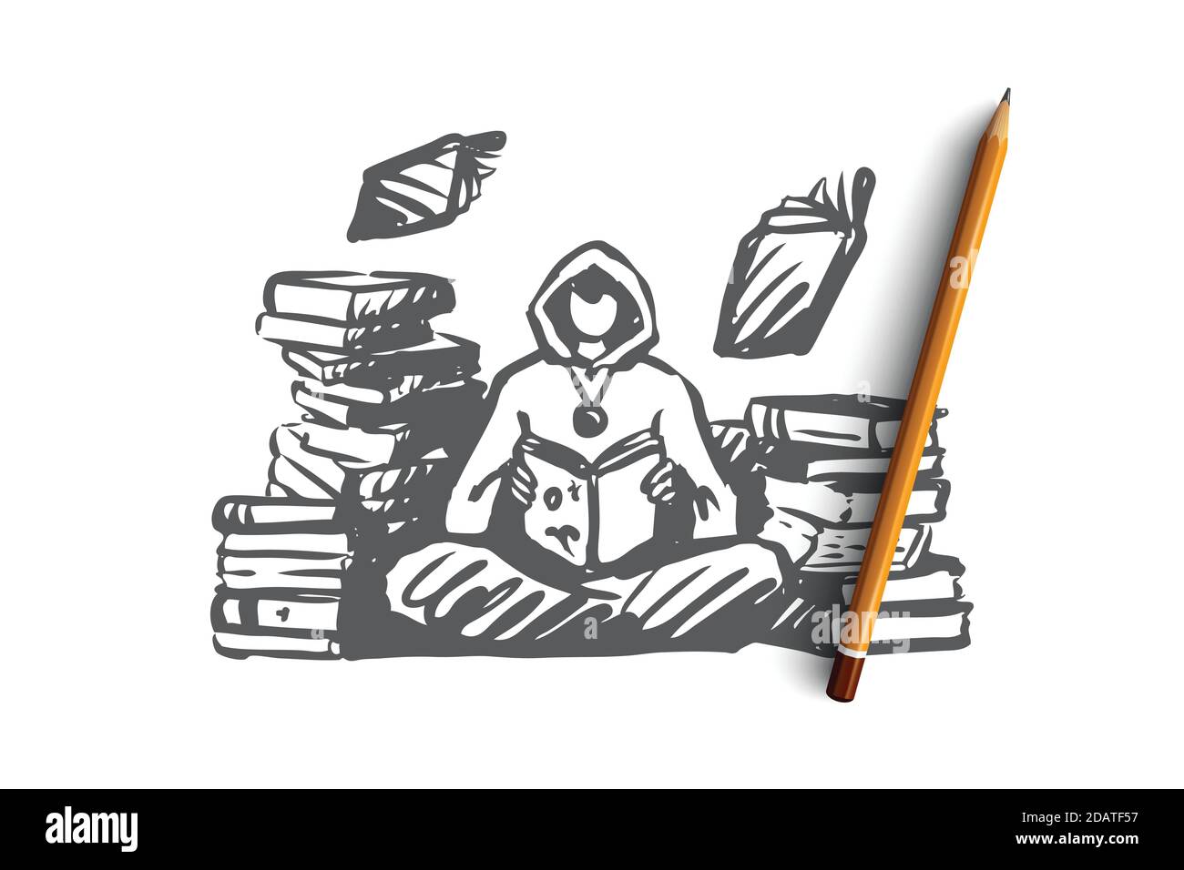 Wizard, magic, library, spell, book concept. Hand drawn isolated vector
