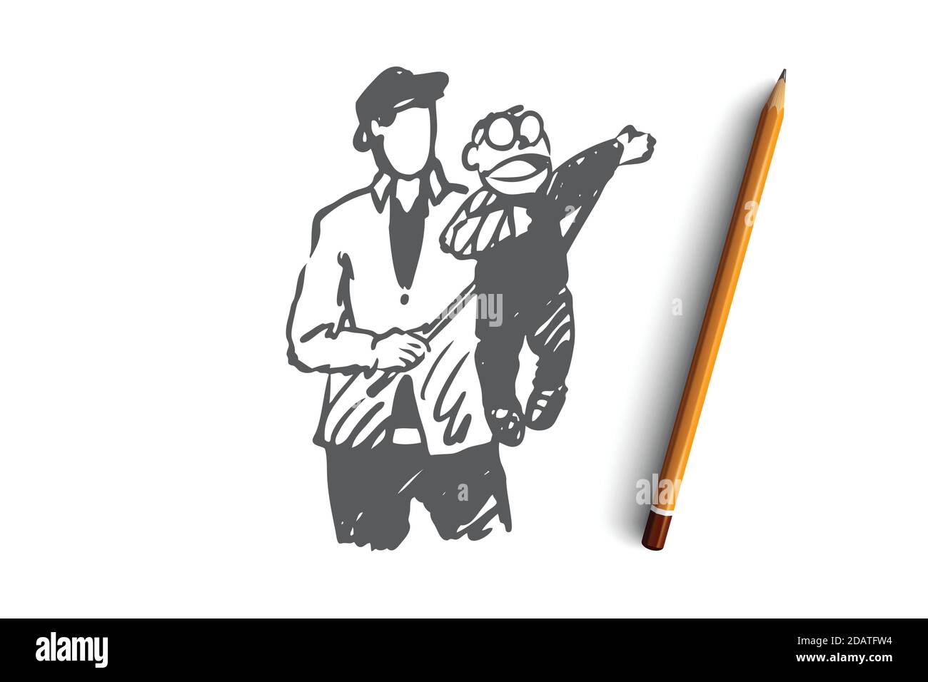 Ventriloquist, man, dummy, performance concept. Hand drawn isolated