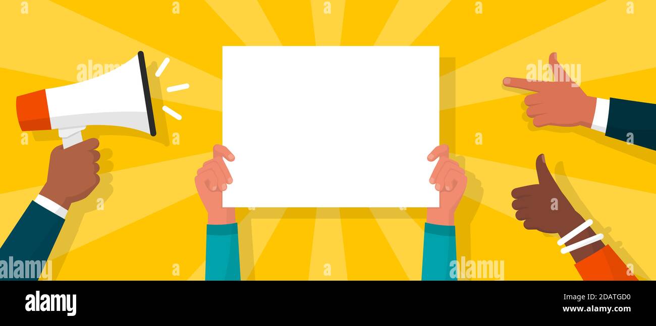 People showing a blank advertisement sign, pointing and shouting a message with a megaphone: communication and marketing concept Stock Vector