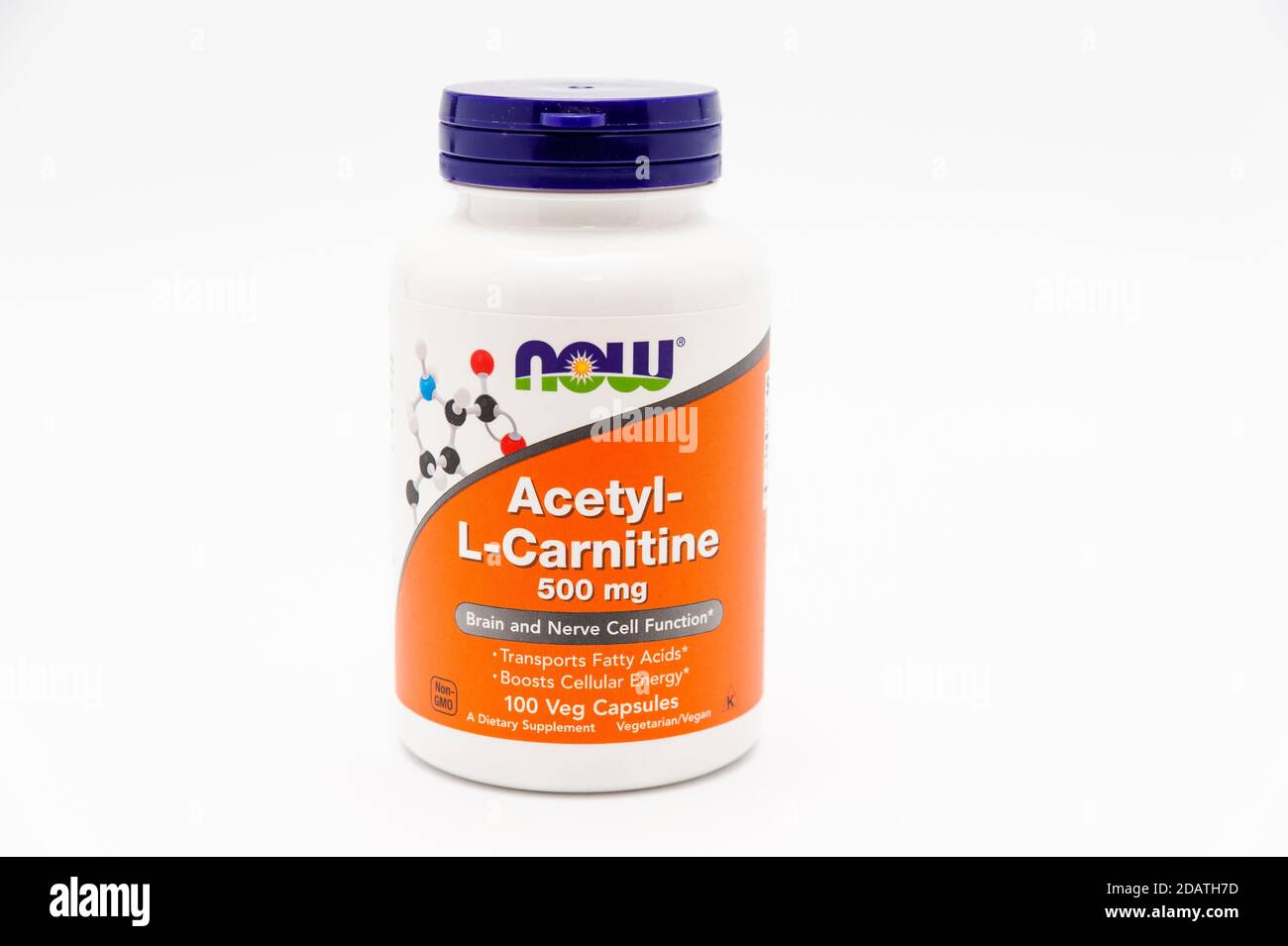 Now Foods, AcetylLCarnitine, 500 mg, 100 Veg Capsules. Isolated on white background. Copy