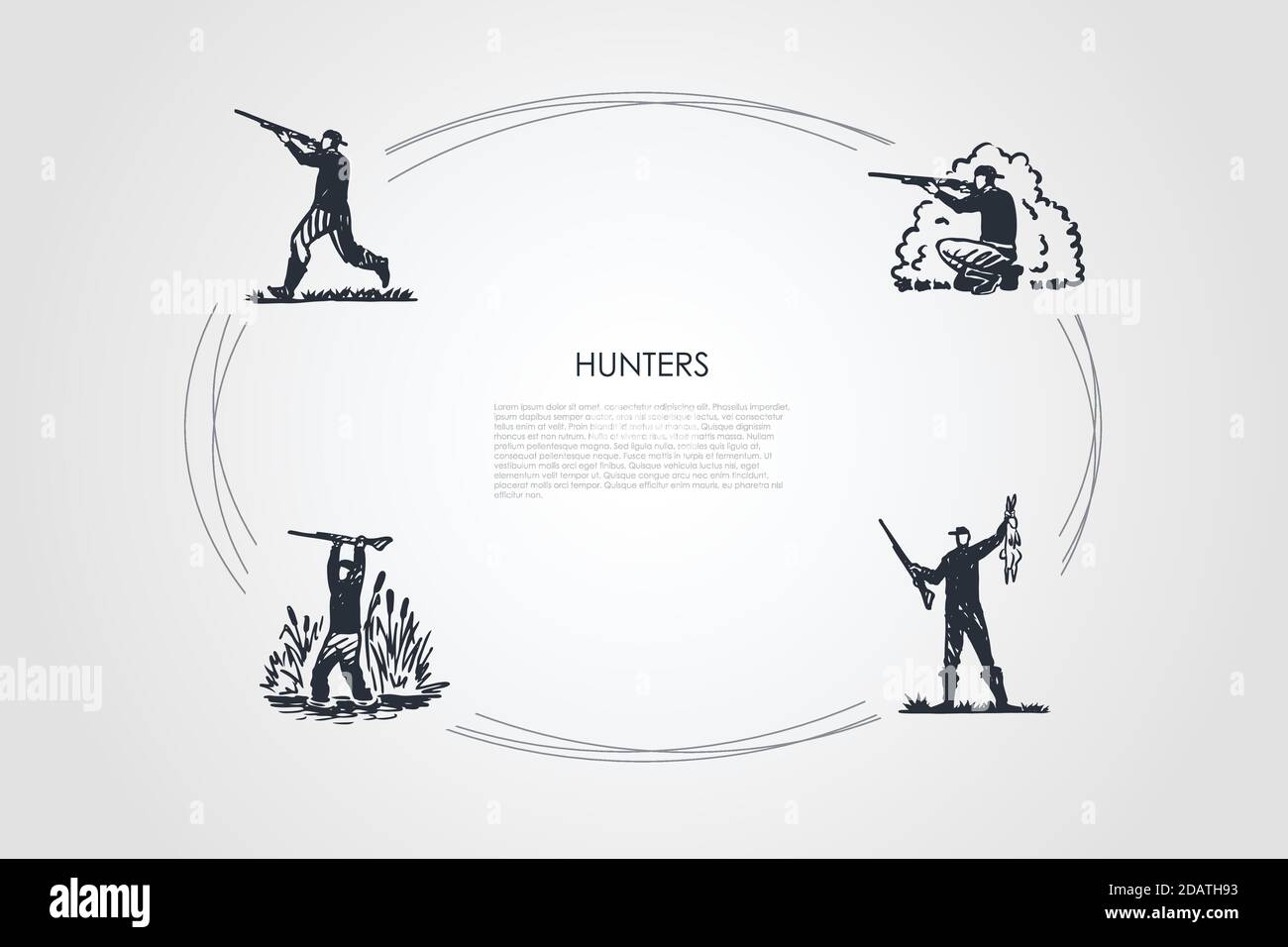Hunters - men with gun shooting in forest and swamp, holding killed rabbit vector concept set Stock Vector