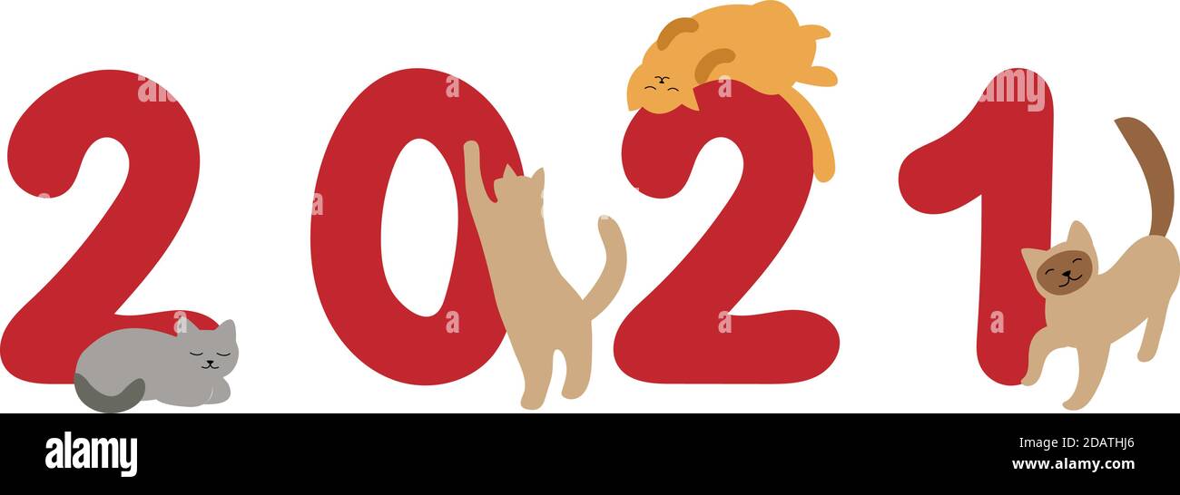 Cats basking and rubbing against the numbers 2021. flat vector illustration Stock Vector