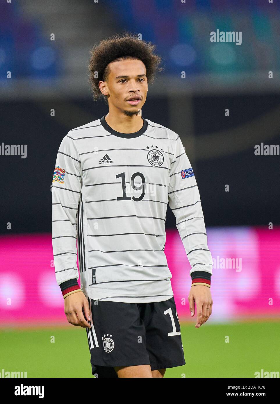 Leroy SANE, DFB 19  half-size, portrait, one person, single, Aktion, Einzelbild, angeschnittenes Einzelmotiv, Halbfigur, halbe Figur,  in the match GERMANY - UKRAINE 3-1 UEFA Nations League,  German Football Nationalteam, DFB , Season 2020/2021 in Leipzig, Germany, November 14, 2020 © Peter Schatz / Alamy Live News   Important: DFB regulations prohibit any use of photographs as image sequences and/or quasi-video. Stock Photo