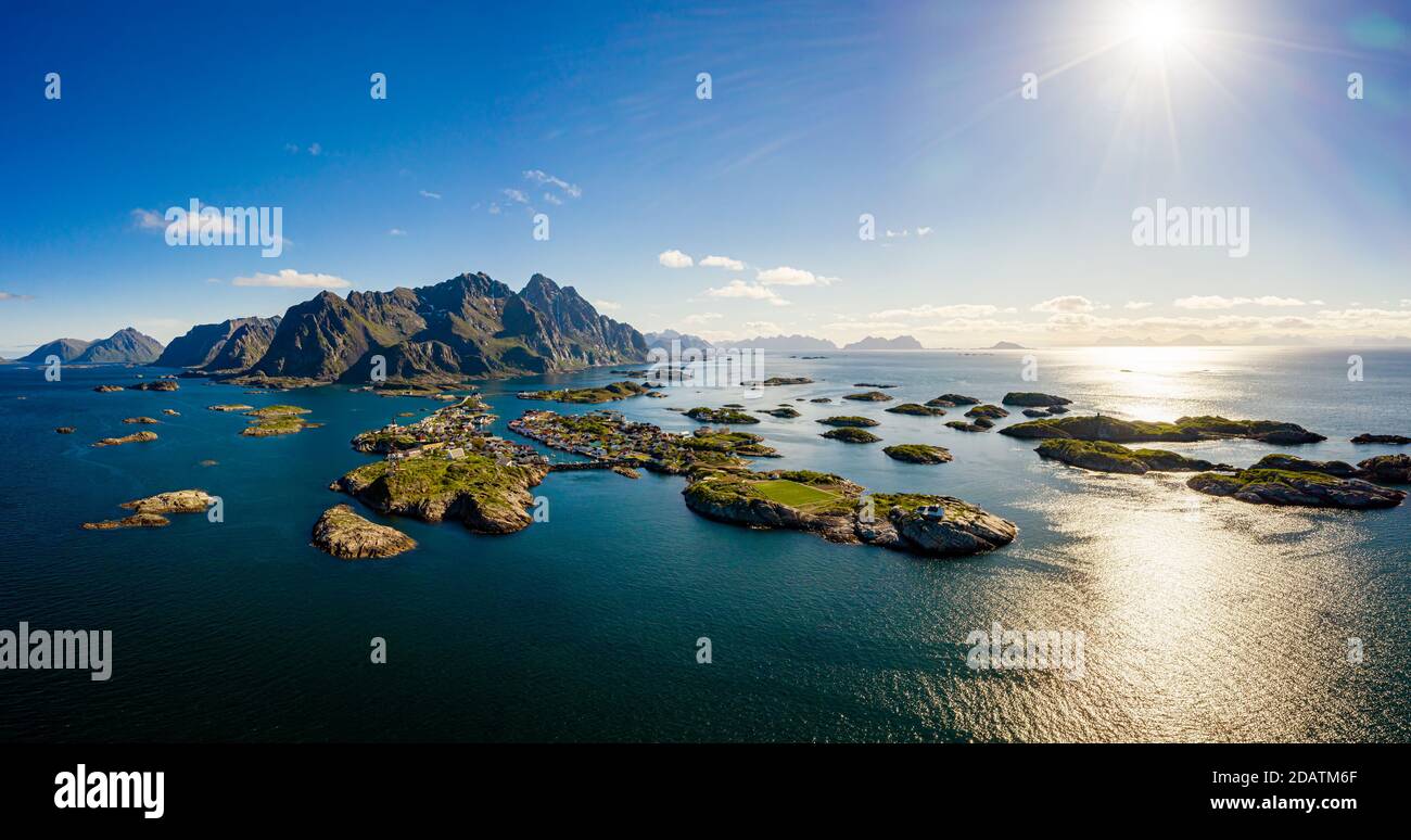 Henningsvaer Lofoten is an archipelago in the county of Nordland, Norway. Is known for a distinctive scenery with dramatic mountains and peaks, open s Stock Photo