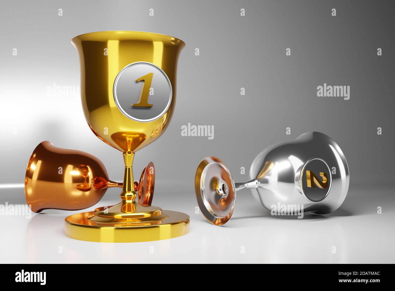 3d illustration of three gold, silver and bronze goblets on gray isolated  background. Sports competition awards concept. Award symbols Stock Photo -  Alamy