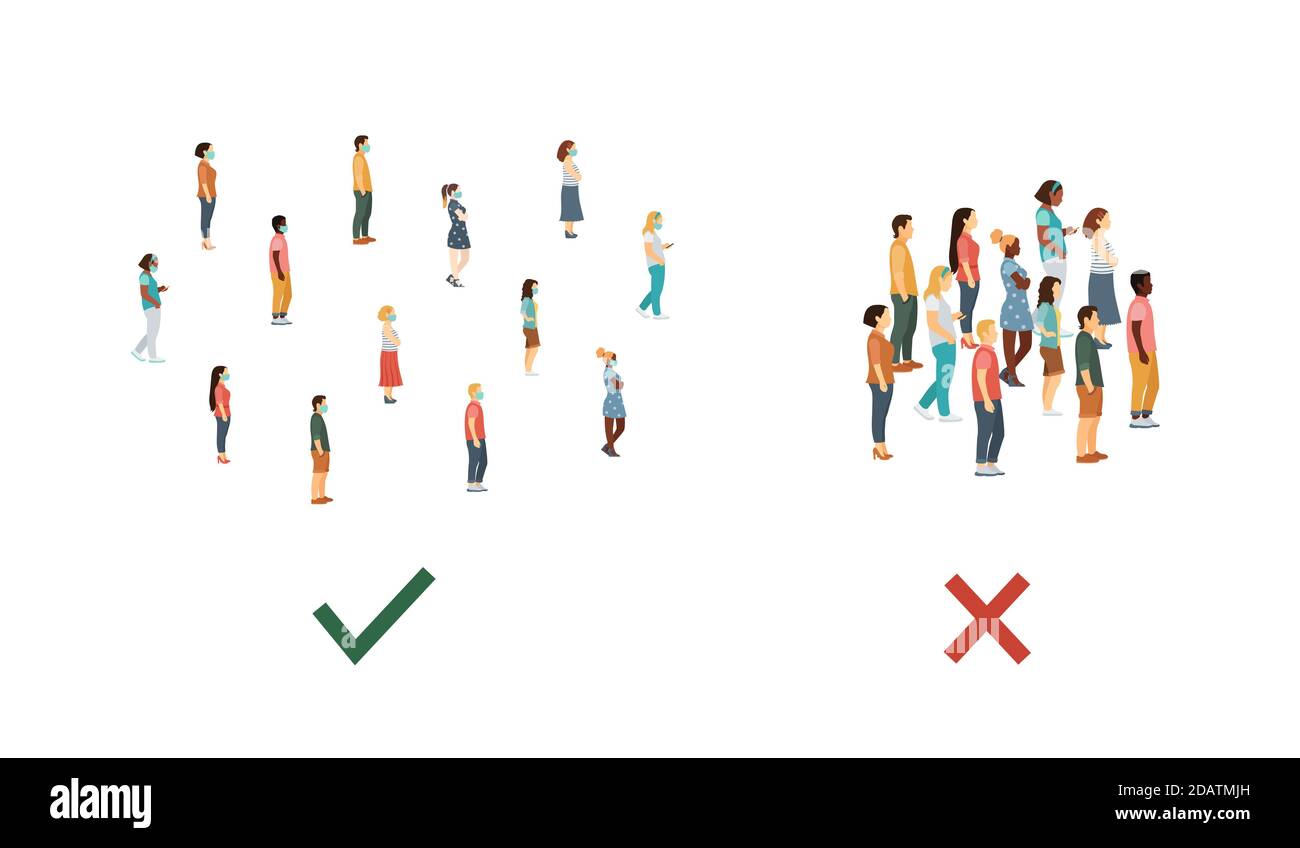 No Distance Crowd of people in medical masks at a safe distance or no distance ...