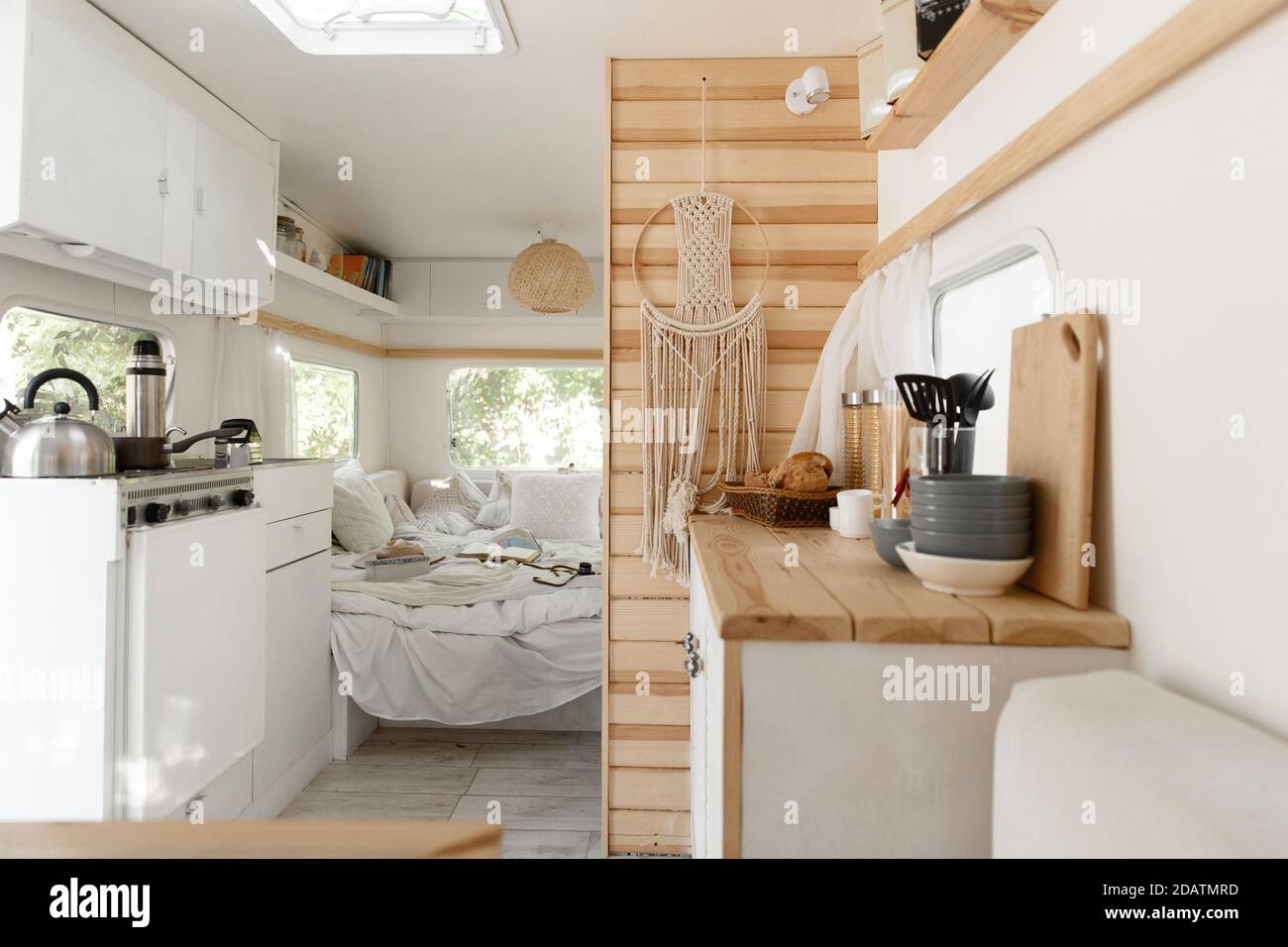 Camping in trailer, rv kitchen and bedroom, nobody Stock Photo