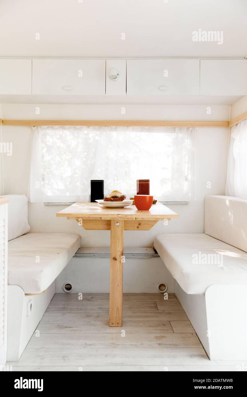 Camping in a trailer, rv table, nobody Stock Photo