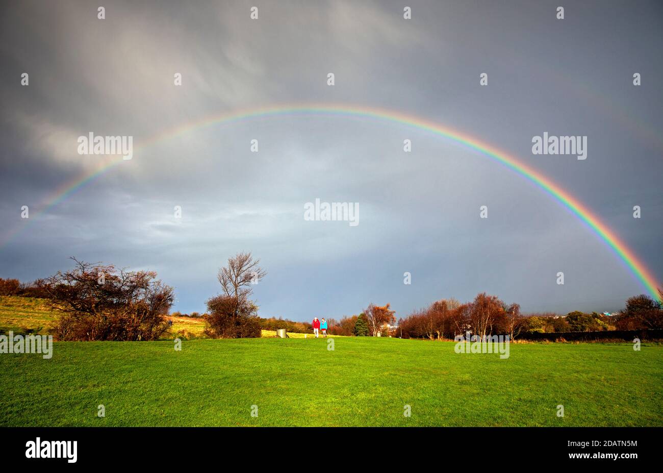 Holyrood Park, Edinburgh, Scotland, UK. 15 November 2020. Beautiful rainbow with the hint of a double above the Scottish capital after a heavy rain shower just before noon, temperature 10 degrees. Credit: Arch White/Alamy Live News. Stock Photo