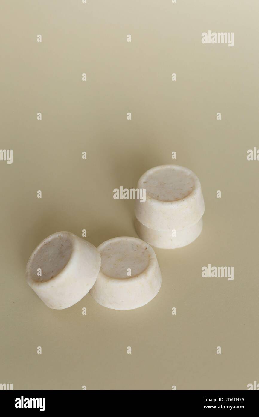 Four bars of eco soaps in light background. Stock Photo