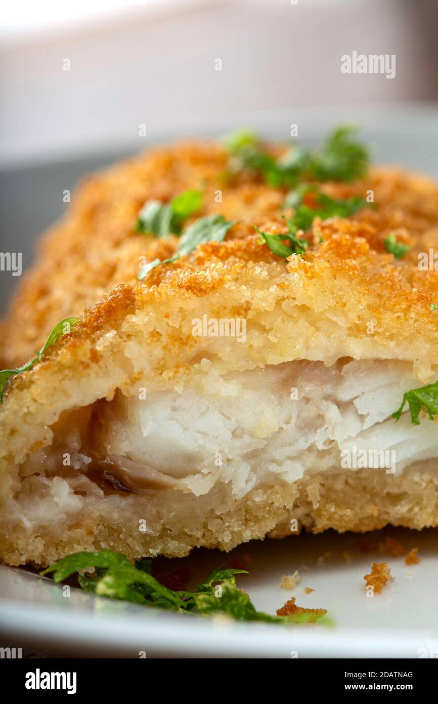 Section of fried fish  - close up view Stock Photo