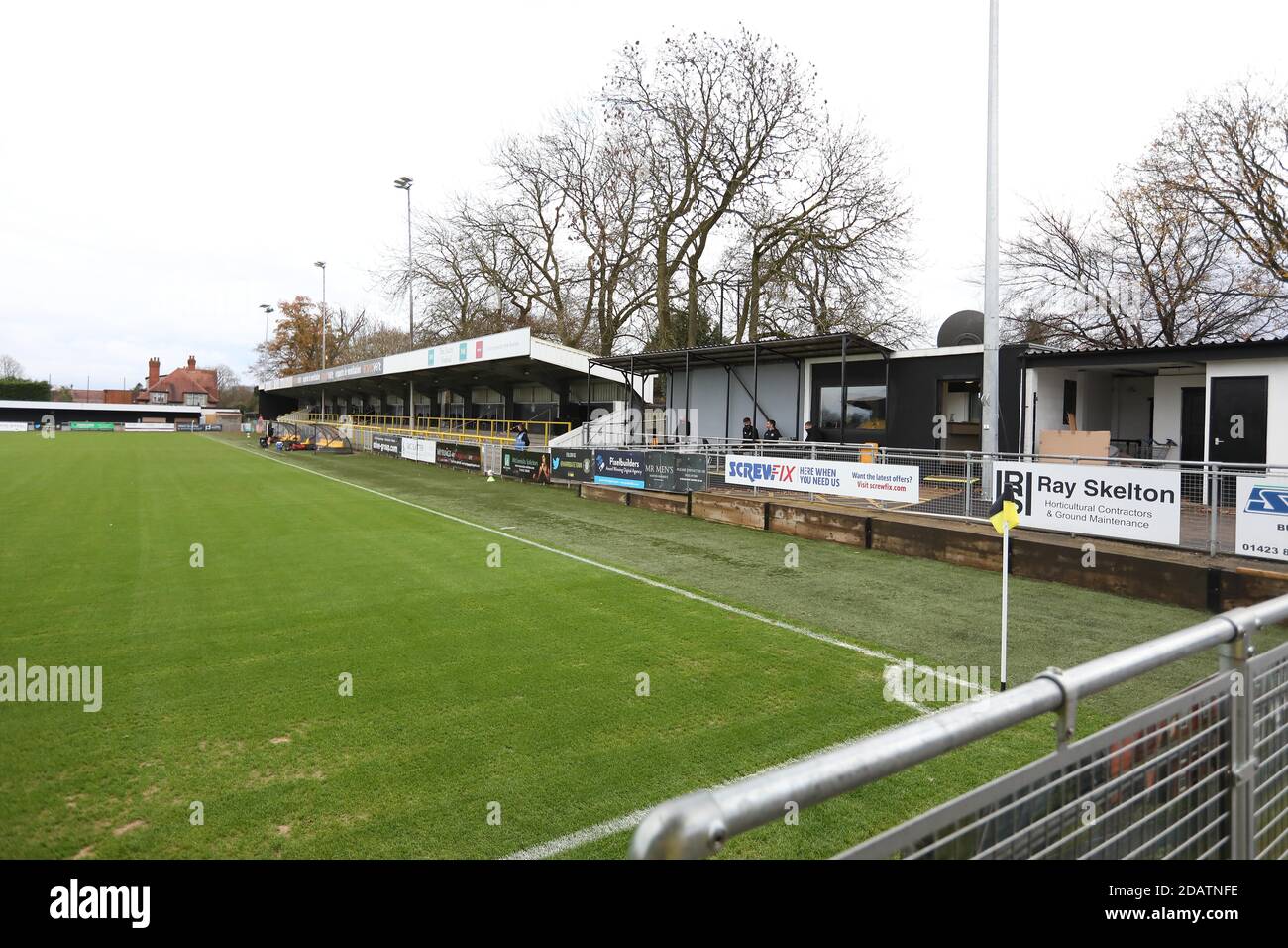 General View of Harrogate Town FC football ground before the SkyBet League Two match between Harrogate Town and Crawley Town at the CNG Stadium  in Harrogate.  14 November 2020. Stock Photo