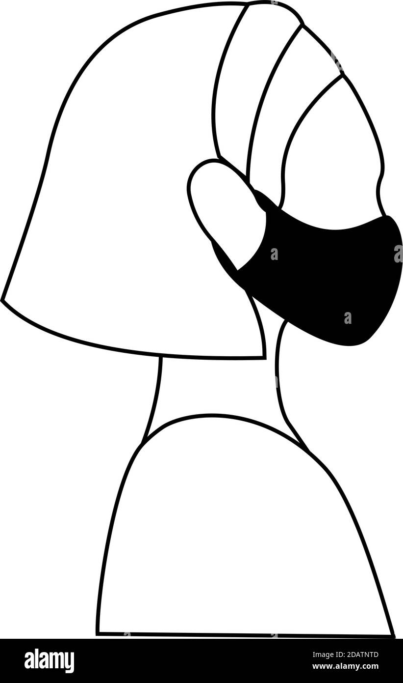 Black young female doctor head in medical mask side view. outline