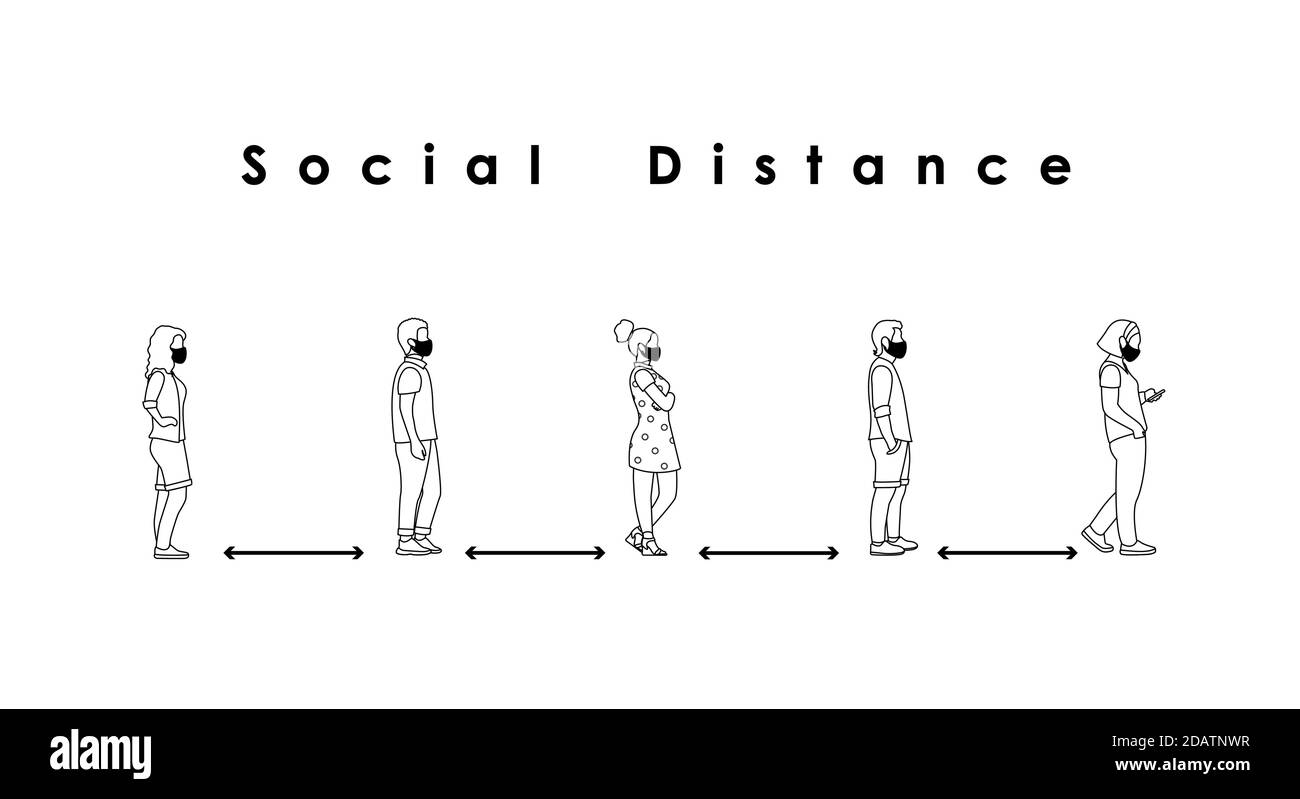 social distance. Full length of cartoon sick people in medical masks standing in line against at a safe distance. outline black vector illustration Stock Vector