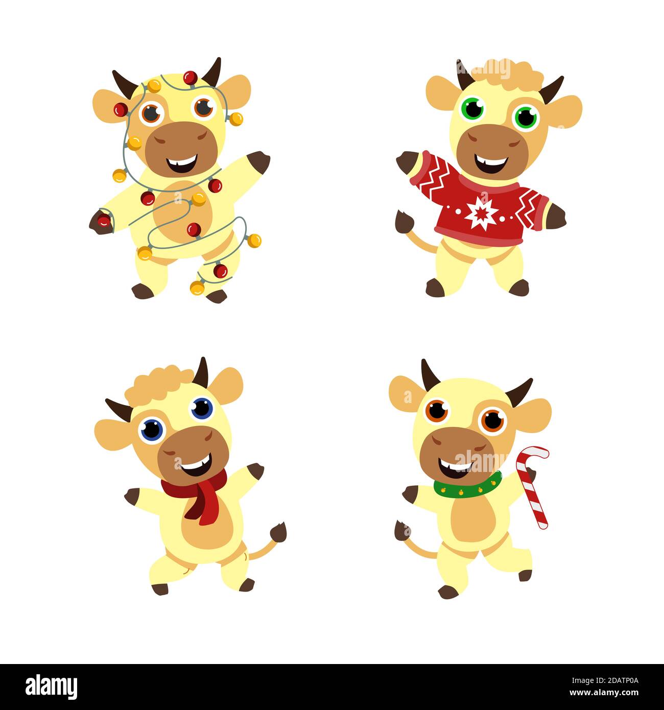 Chinese new year symbol. Set of different happy cute bulls. Happy new year. 2021 year. Stock Vector