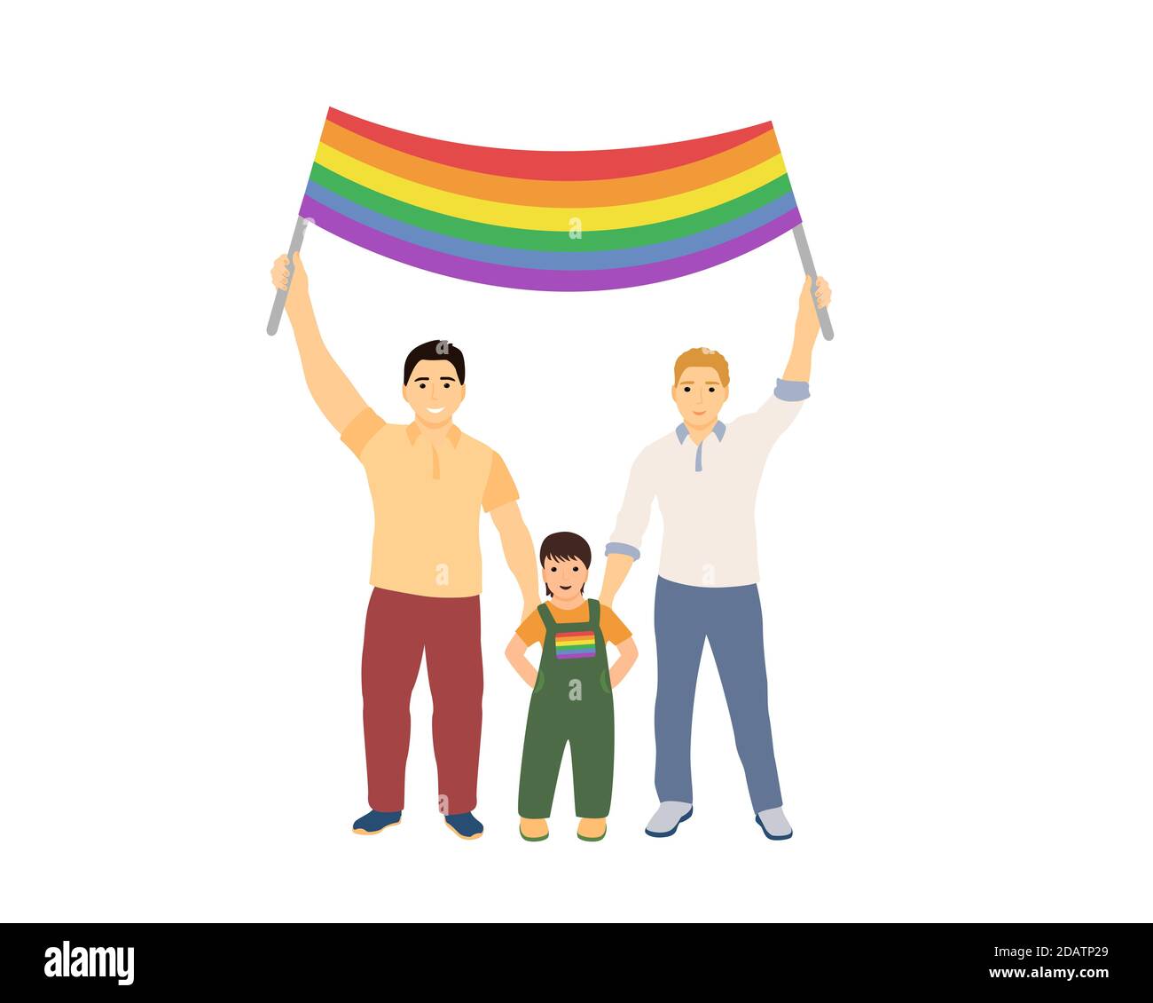 LGBT family men and baby holding a rainbow flag over their heads. Happy Pride month. vector illustration Stock Vector