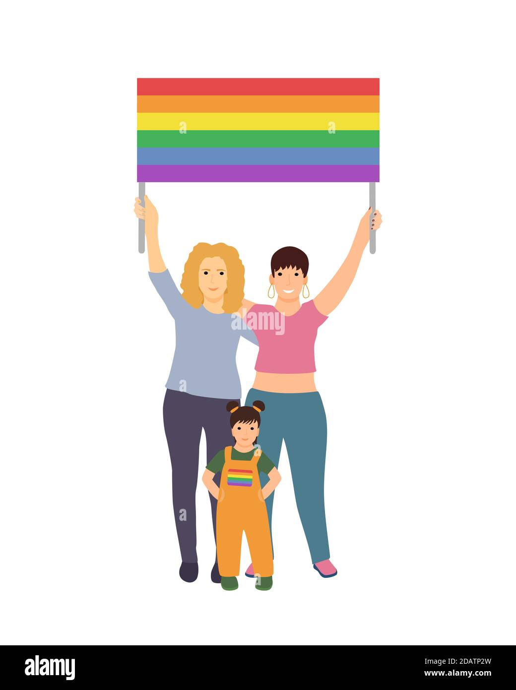 LGBT family women and baby holding a rainbow flag over their heads. Happy Pride month. vector illustration Stock Vector