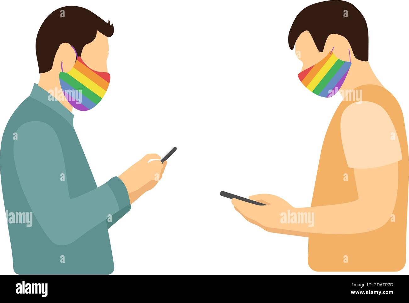 two men opposite with smartphones in rainbow medical masks stand at a safe distance. flat vector illustration Stock Vector