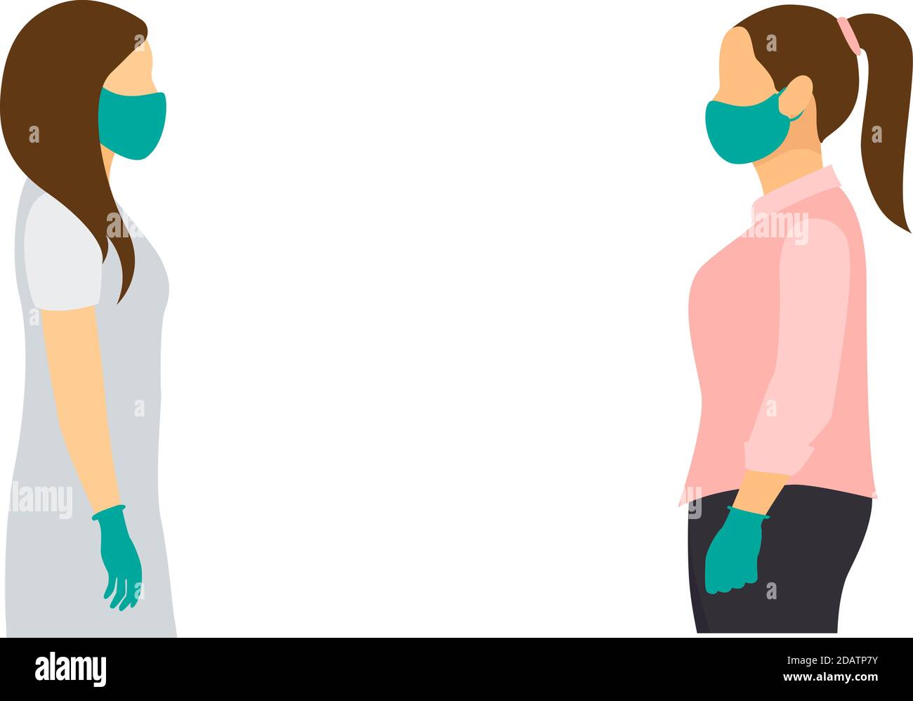 social distance two women in medical masks and gloves stand in front of each other. flat vector illustration Stock Vector