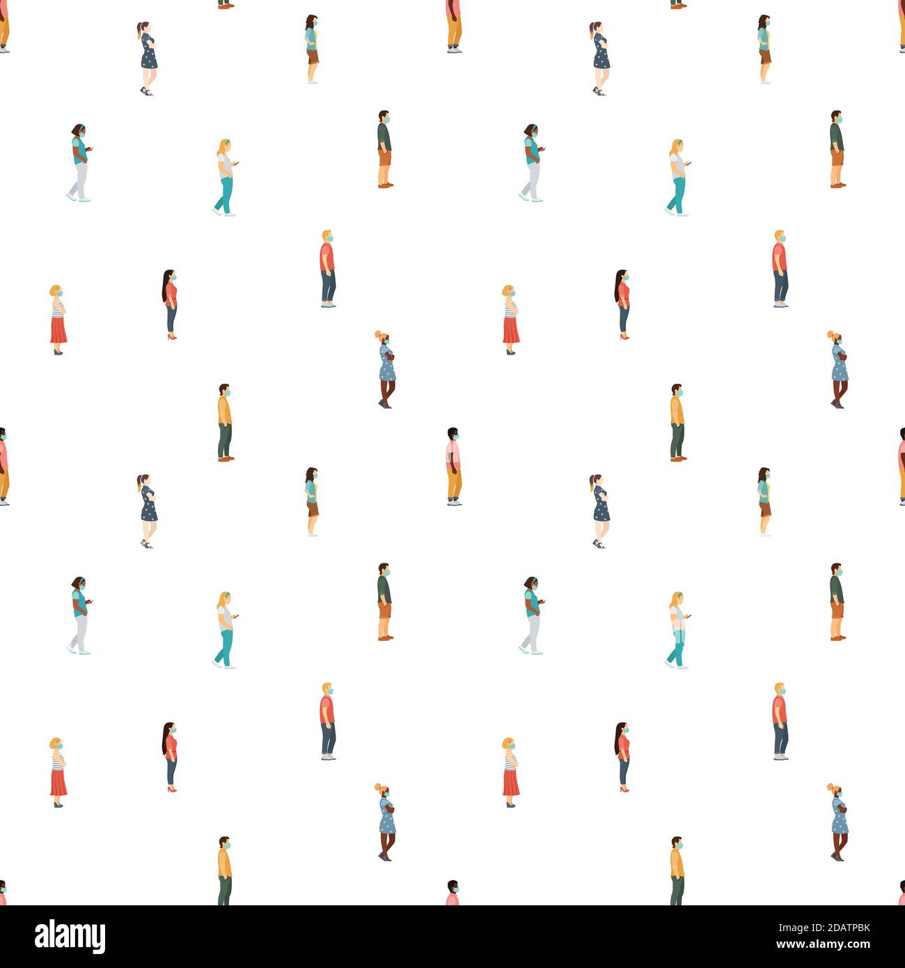 Seamless pattern crowd of masked men and women walk on a safe social distance, African Americans and Europeans. Stock Vector