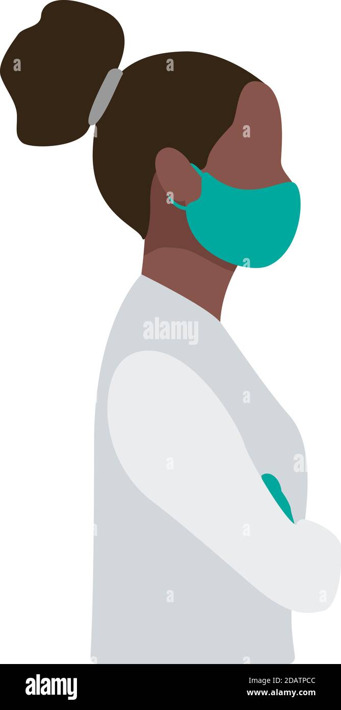 african american young woman in mask and gloves side view, virus prevention. flat vector illustration Stock Vector