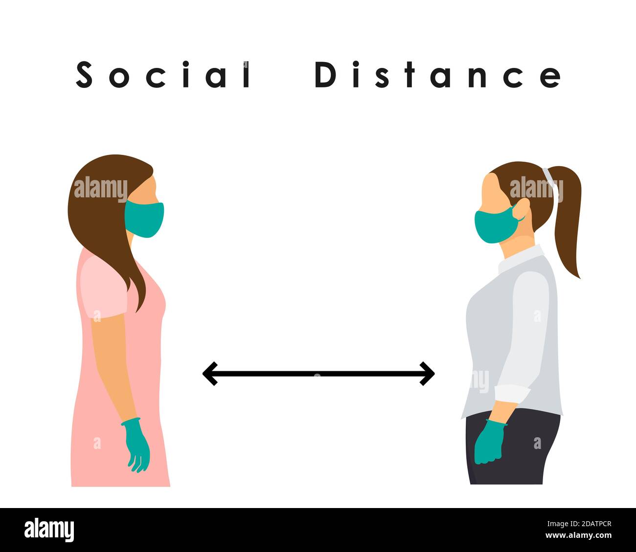 social distance two women in medical masks and gloves stand in front of each other. flat vector illustration Stock Vector