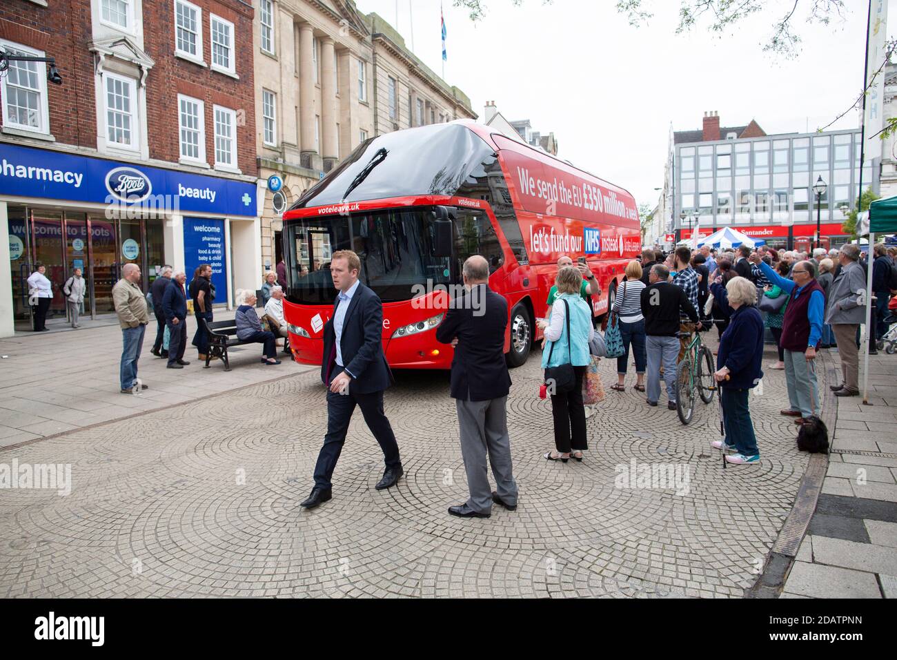BREXIT battle bus in Stafford with Boris Johnson preaching Stock Photo