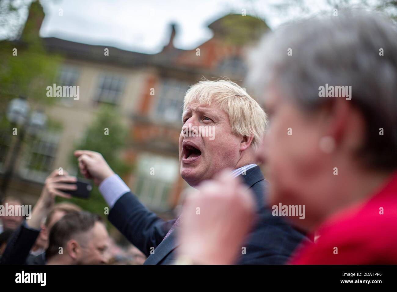 BREXIT battle bus in Stafford with Boris Johnson preaching Stock Photo