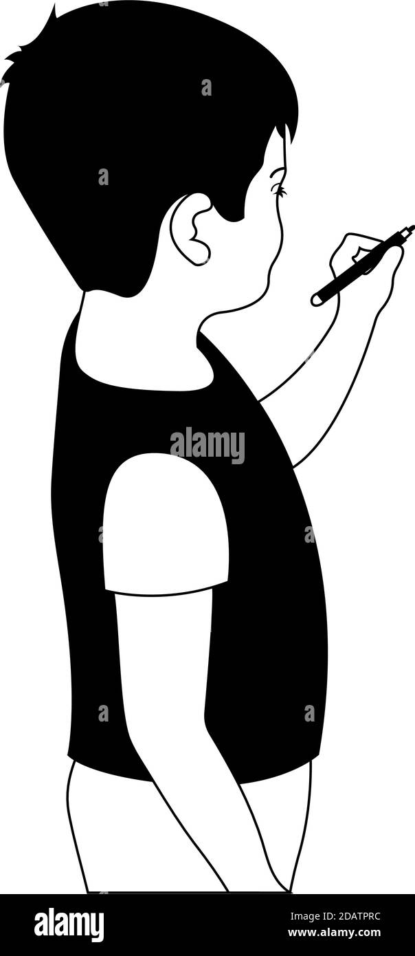 child writes on the wall black and white vector illustration Stock Vector