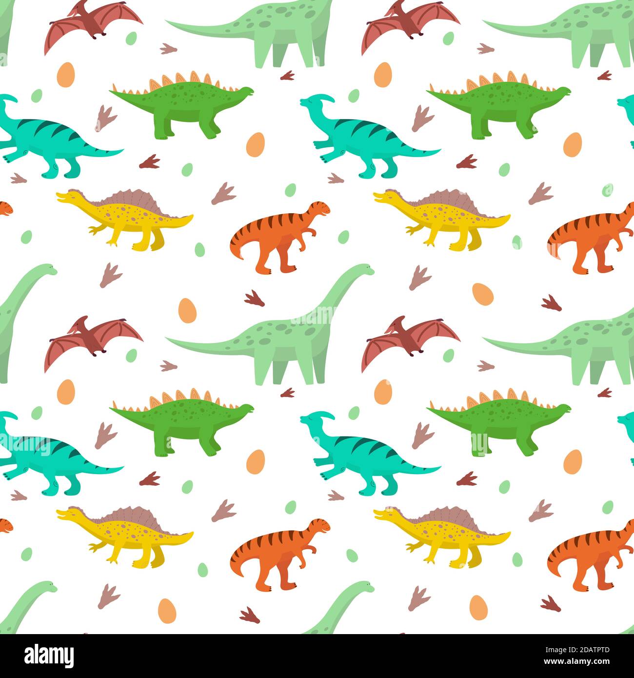 pattern of cartoon dinosaurs, diplodocus, stegosaurus, pteranodon Stock Vector