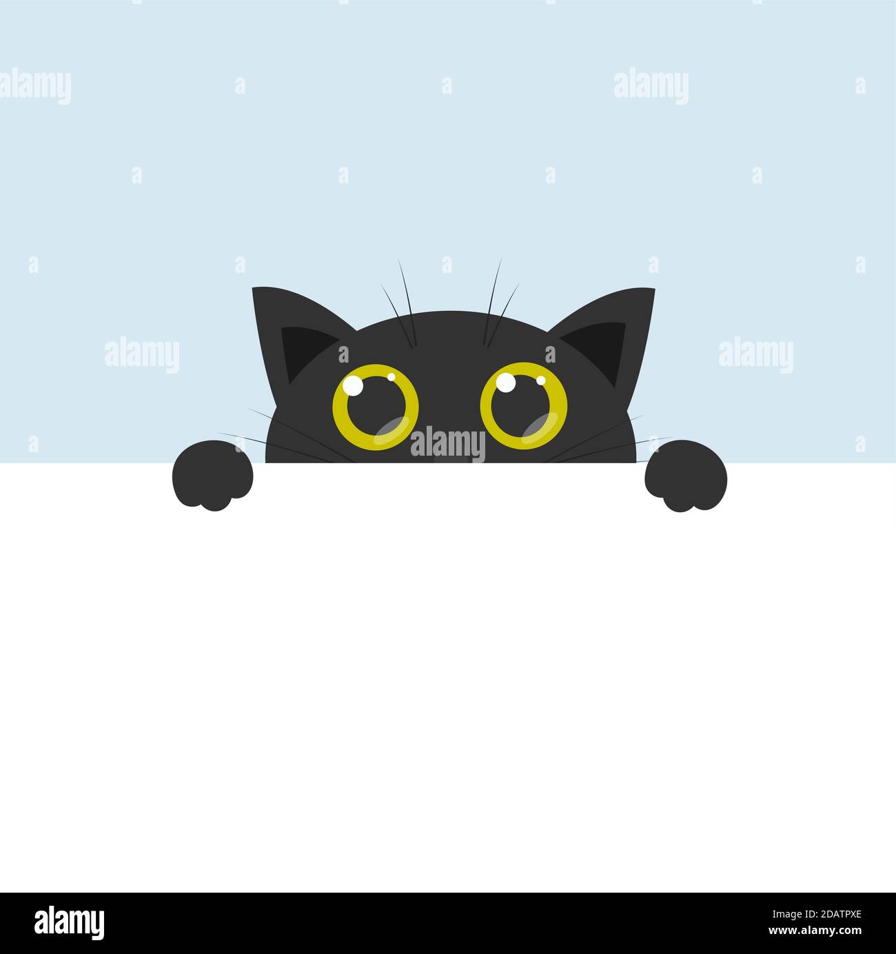 curious cute black cat with big yellow eyes, cartoon flat vector