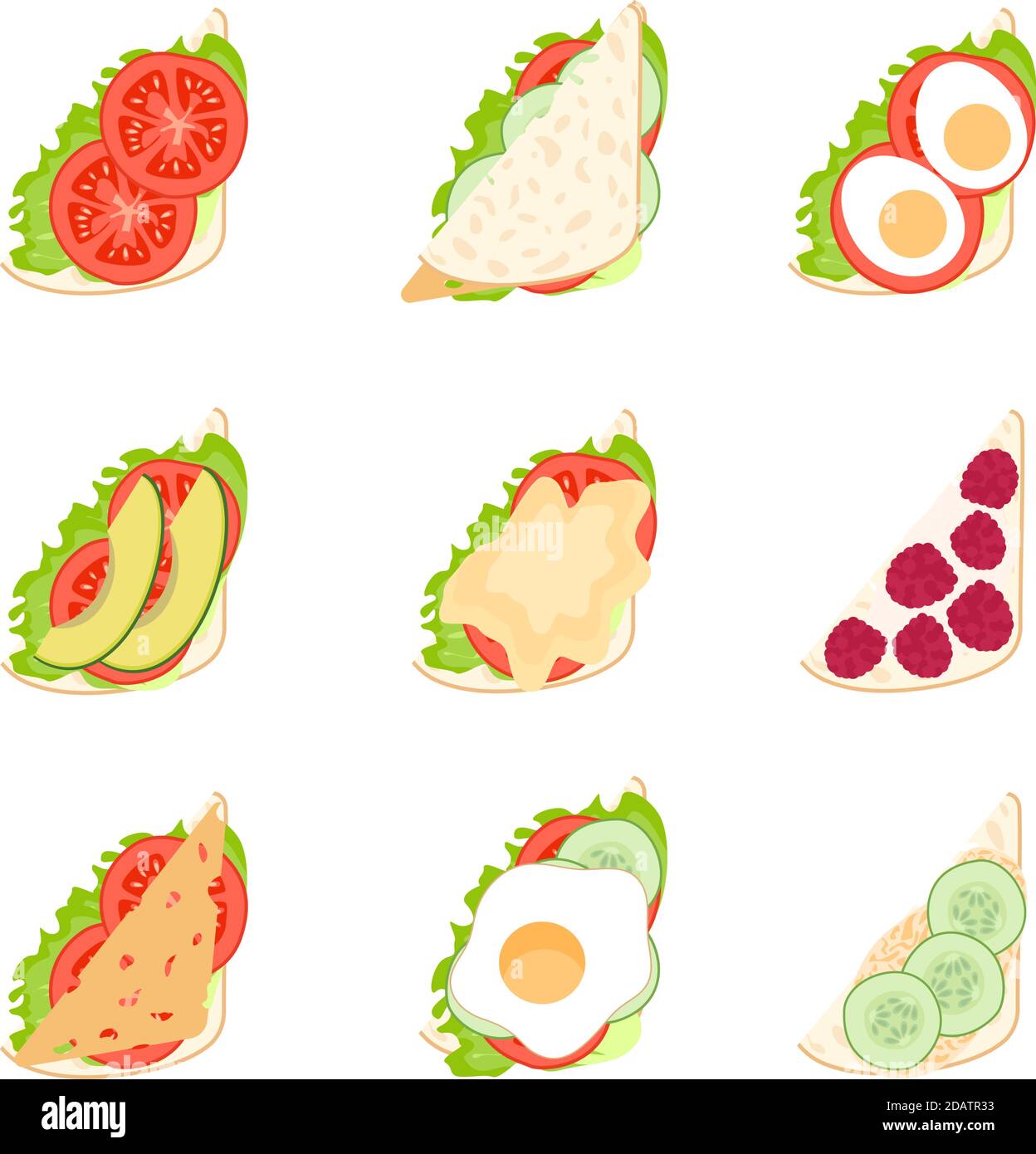 set of sandwiches top view, different filling options, healthy food vegetarian vegetables Stock Vector