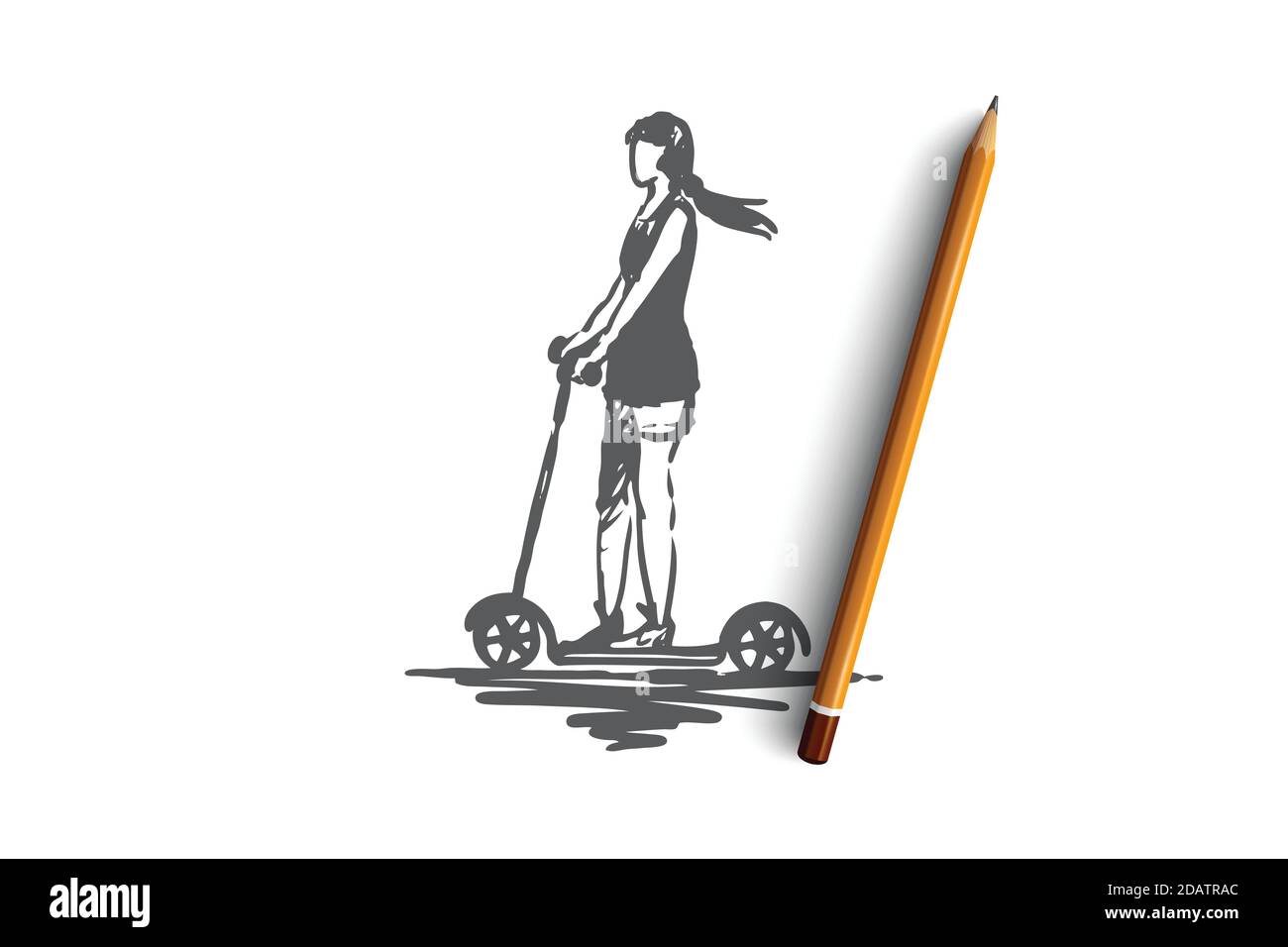Scooter, girl, ride, bike, drive concept. Hand drawn isolated vector