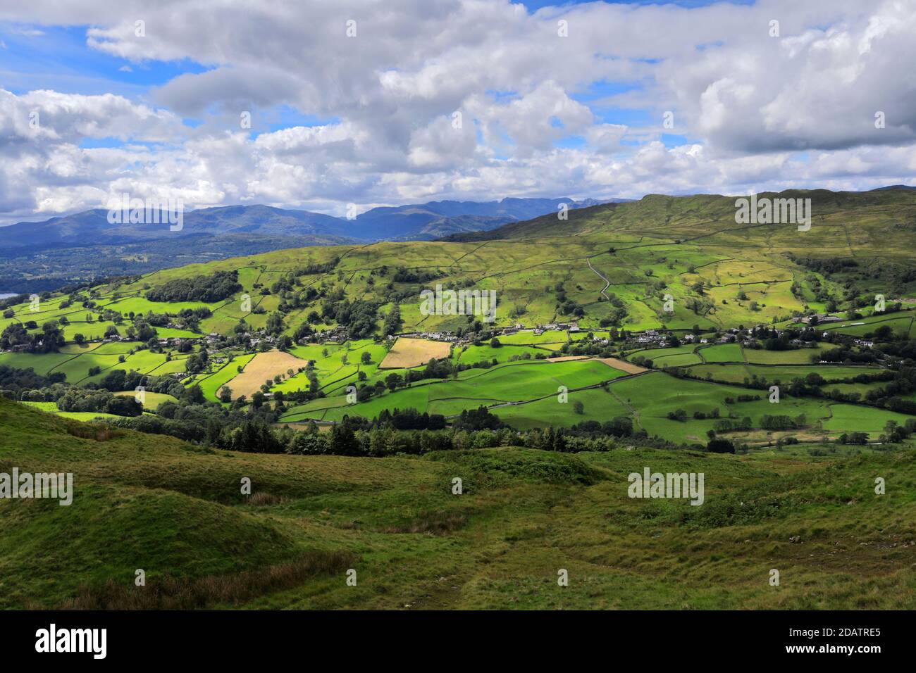 Summer view over Troutbeck village, Troutbeck valley, Kirkstone pass, Lake District National Park, Cumbria, England, UK Stock Photo