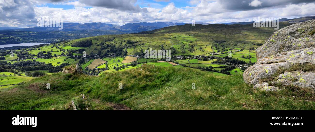 Summer view over Troutbeck village, Troutbeck valley, Kirkstone pass, Lake District National Park, Cumbria, England, UK Stock Photo