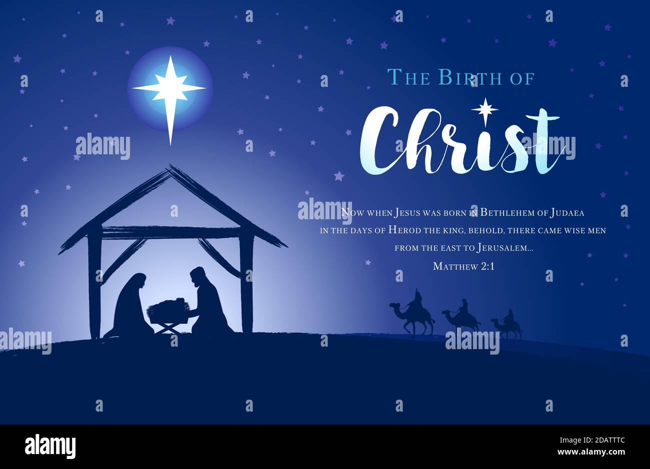 Christmas scene of baby Jesus in the manger with Mary and Joseph in silhouette, Bethlehem star and three kings on camels. Christian Nativity and text Stock Vector
