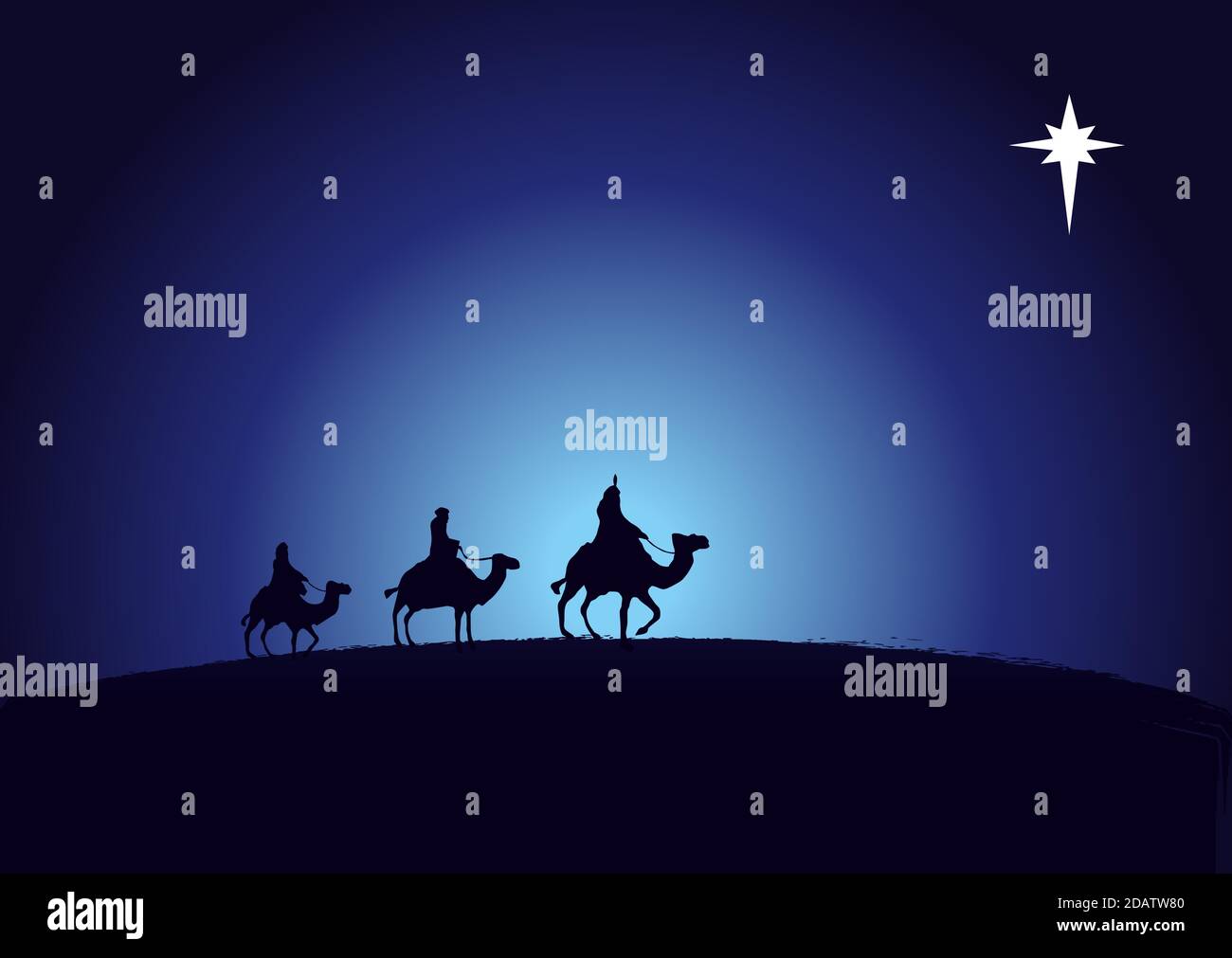 Christmas scene kings wise men in silhouette and star on navy blue background. Christian Nativity greeting card birth of Christ vector banner greeting Stock Vector