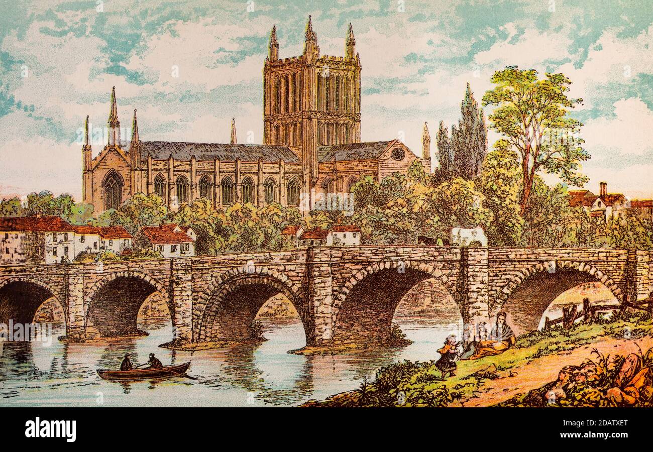 A view of Hereford Cathedral, across the Wye Bridge over the River Wye in Herefordshire, England. The site of the cathedral became a place of worship in the 8th century or earlier, although the oldest part of the current building, the bishop's chapel, dates to the 11th century. The cathedral is dedicated to two saints, St Mary the Virgin and St Ethelbert the King, beheaded by Offa, King of Mercia in the year 794. The cathedral's most famous treasure is Mappa Mundi, a medieval map of the world created around 1300 by Richard of Holdingham. Stock Photo