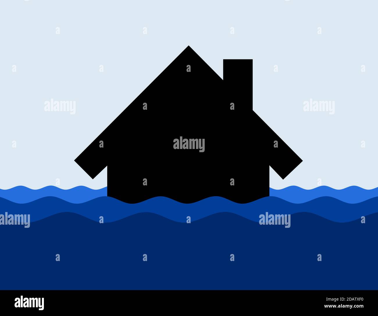 Family house is flooded by flooding and deluge. Natural disaster and catastrophe. Vector illustration of building and wave of water. Stock Photo